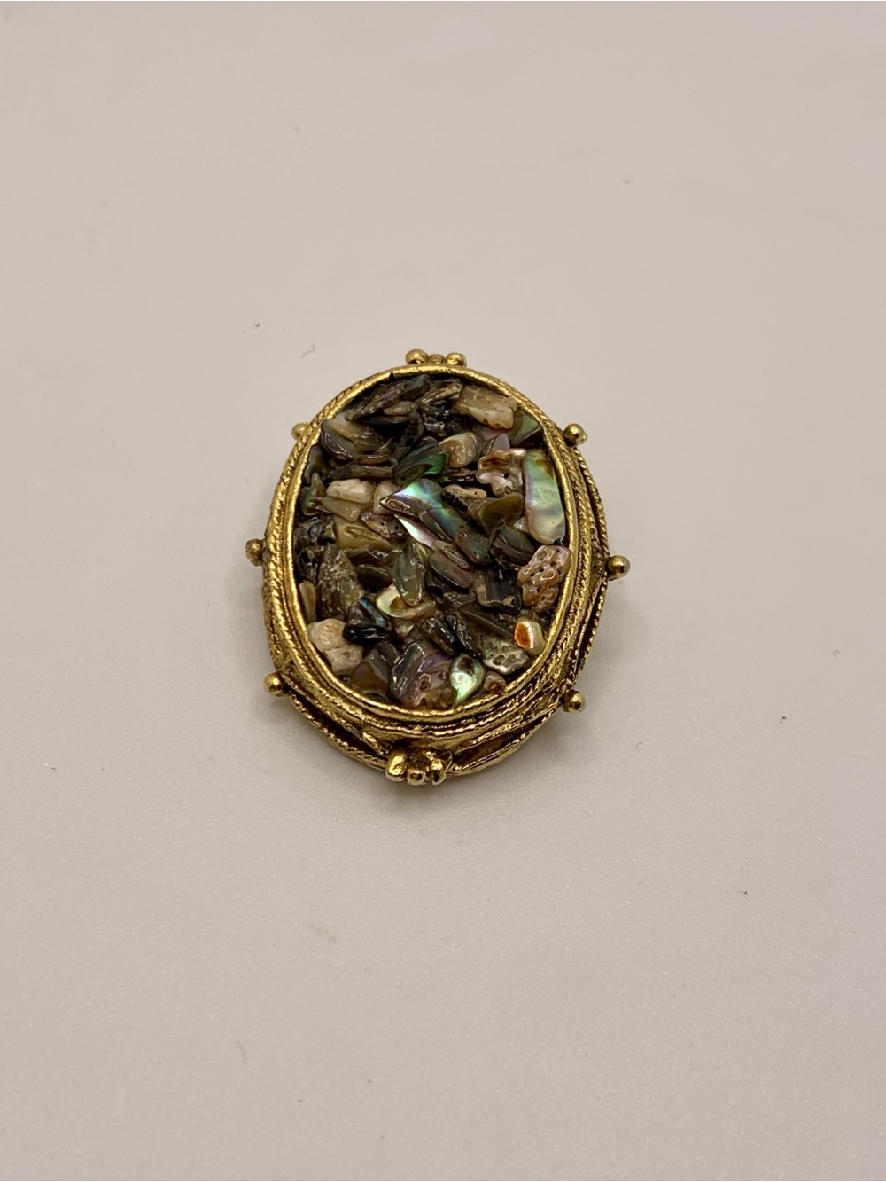 Gold-Tone Abalone Mosaic Oval Brooch - Iridescent Green Accent